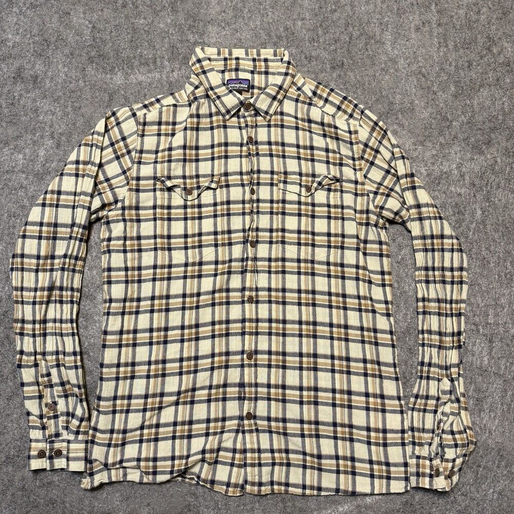 Patagonia Womens Fjord Flannel Shirt Plaid Organic Cotton Cream Beige Button Up